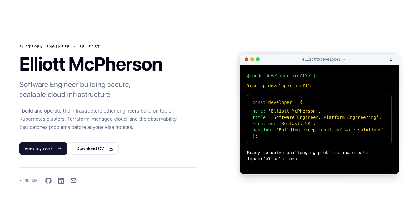 The landing page of this portfolio site, showing the hero section and interactive terminal.