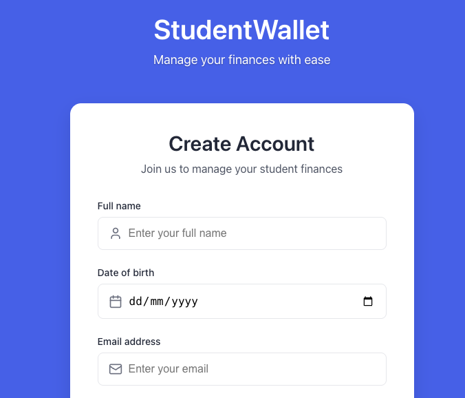 The StudentWallet sign-up screen, with fields for name, date of birth and email address.